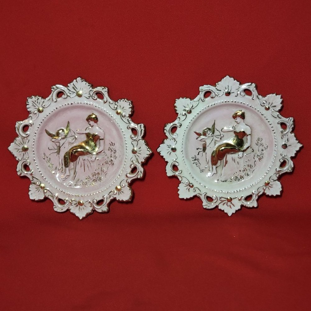 VTG Decorative Dish Cupid & Victorian Woman Gold Pink Painted Fluer De Lis Borde